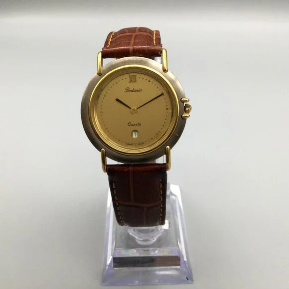 Vtg Rodania Watch Women 32mm Gold Tone Date Brown Leather Band New Battery - Picture 2 of 14